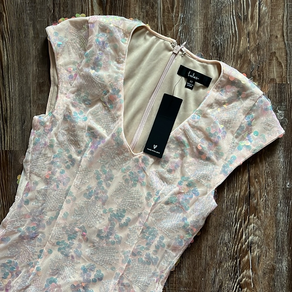 Lulu’s Short Cap Sleeve Neutral Sequin Tight Mini Homecoming Formal Dress - Picture 2 of 4